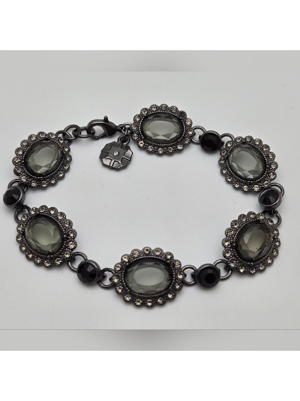 Monet Smoky Crystal Link Bracelet Vintage Style Gunmetal Silver Tone 7.5”